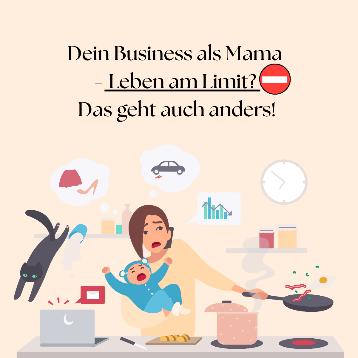 Überforderte Mama mit Baby, Haushalt und Laptop – Symbolbild für Zeitdruck im Mama-Business-Alltag