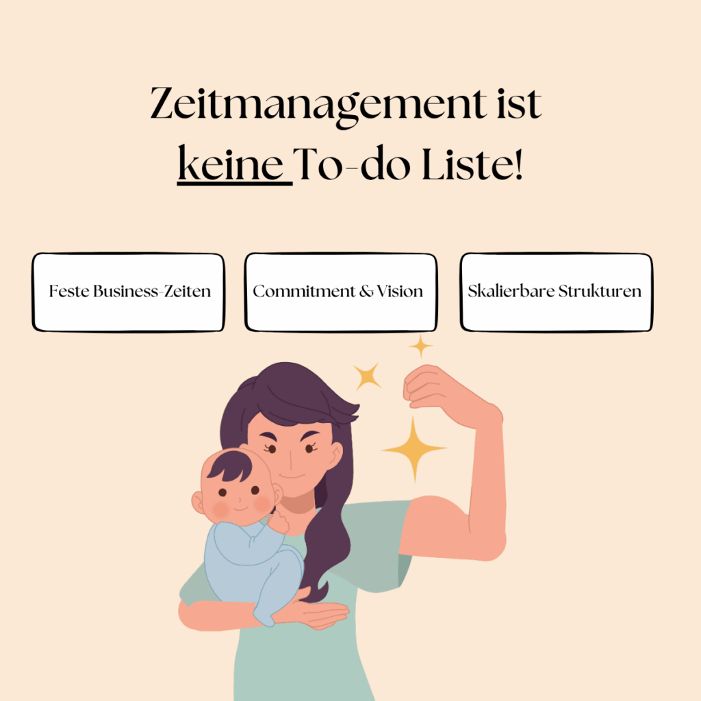 Zeitmanagement für selbstständige Mütter: Mama mit Baby und erhobenem Arm, daneben Symbole für feste Business-Zeiten, Vision und skalierbare Strukturen